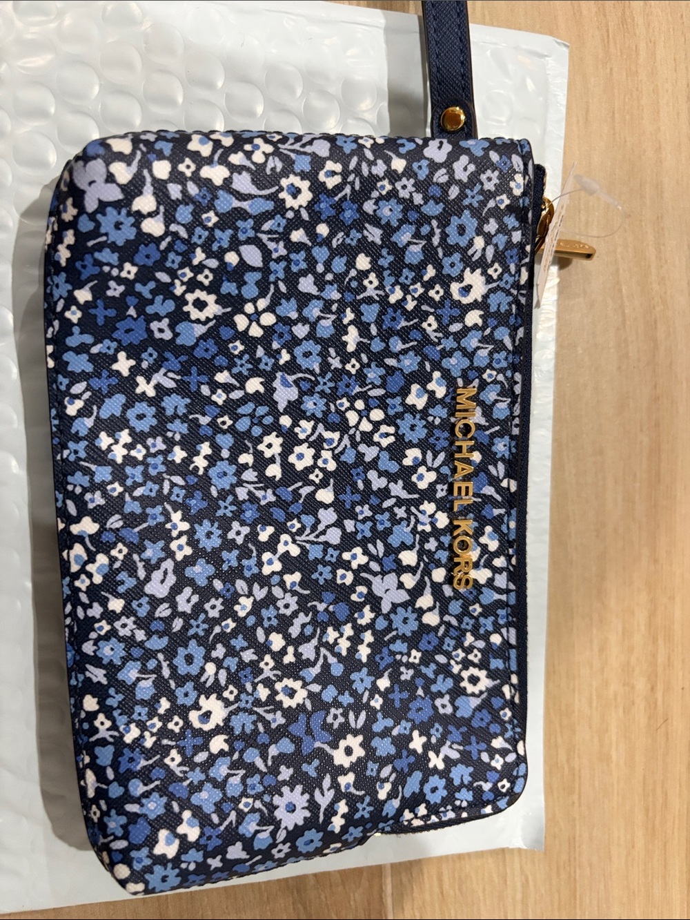 Michael Kors Navy Saffiano Zip Wristlet with Gold Hardware